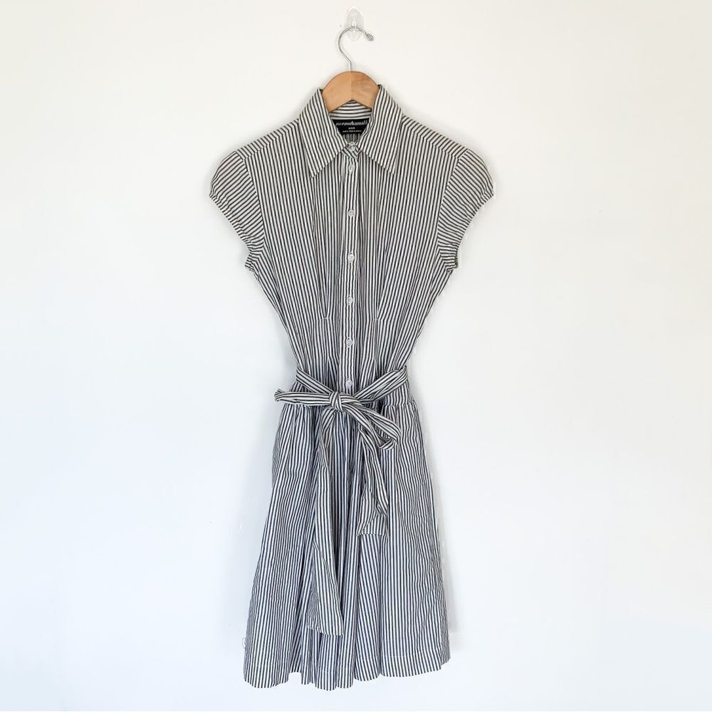 Norma Kamali Striped Cap Sleeve Collared Cinched Drop Waist Aline Dress